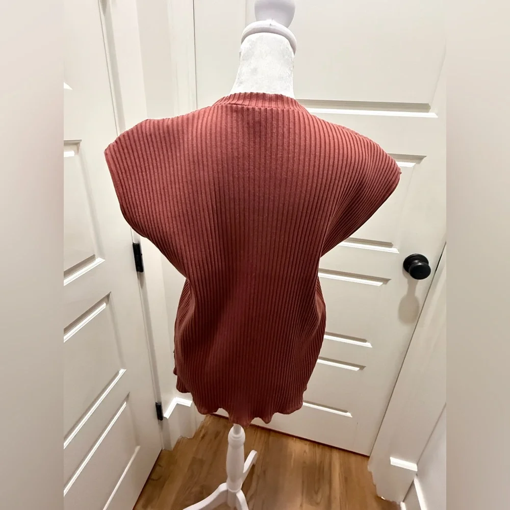 Eileen Fisher. Textured Stretch Rib Round Neck Top. Deep Terra Cotta. Large. - Picture 4 of 9